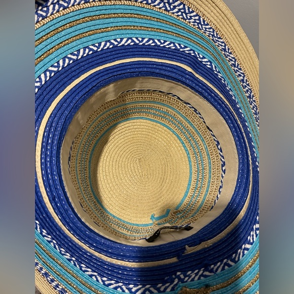 Tahari Blue and Tan Striped Wide Brim Sun Hat - NWOT - Picture 4 of 6